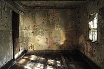 An empty room with peeling paint on the walls and a window casting shadows, A dimly lit room with shadows creeping across the walls