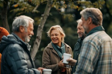 A group of older people are sitting and talking, one of them is smiling