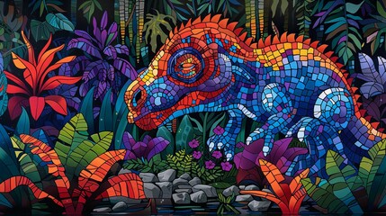 Fototapeta premium A colorful mosaic of a dinosaur in a jungle setting