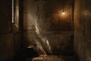 Dimly lit room with shadows, bright light shining through window, A dimly lit room with shadows creeping across the walls