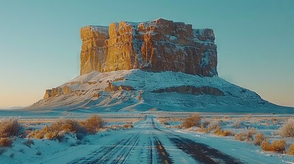   A road in a desert with snow on the ground and a large rock formation in the backdrop