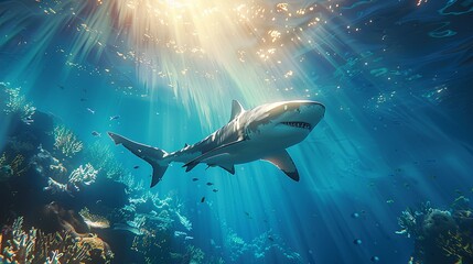 Fototapeta premium A shark is swimming in the ocean. The water is clear and the sun is shining brightly. The shark is the main focus of the image.