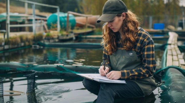 Portrait of female owner on sturgeon farm fish - Powered by Adobe