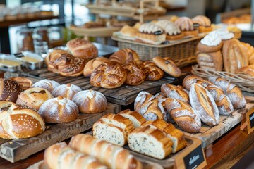 A variety of freshly baked breads and pastries on display at a bakery, A display of freshly baked bread and pastries
