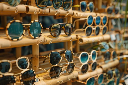 Numerous eco-friendly sunglasses made from sustainable materials displayed in a store, A display of eco-friendly glasses made from sustainable materials like bamboo or recycled plastics