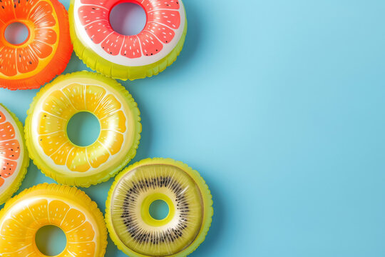 Top-down view of vibrant inflatable swim rings shaped like fruit slices arranged neatly on a clear blue background, suggesting summer fun, copy space