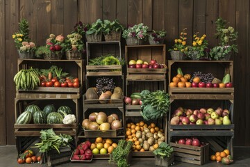 Multiple crates filled with various fresh fruits and vegetables on display, A display of seasonal produce in crates and baskets