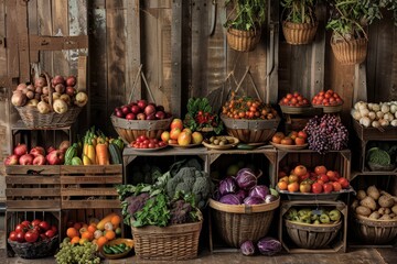Various fruits and vegetables showcased in crates and baskets, A display of seasonal produce in crates and baskets