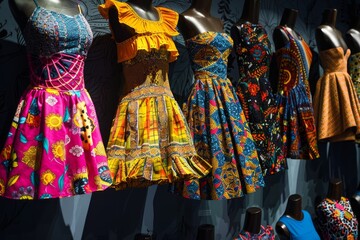 Fototapeta premium Mannequins showcasing a variety of colorful dresses and skirts in a vibrant display, A display of vibrant patterned dresses and skirts