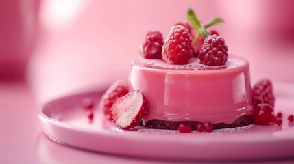   A tight shot of a cake on a plate, adorned with red raspberries atop and dusted with powdered sugar