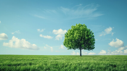 Fototapeta na wymiar Solitary tree in green field..Lone tree standing in a vast green field under a clear blue sky. AI generative..