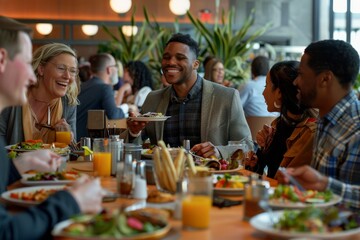 A group of coworkers of different ethnicities sitting around a table, enjoying a meal together, A diverse group of coworkers enjoying a lively lunch together at a corporate cafeteria