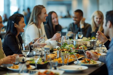 A group of people with diverse backgrounds sitting around a table, enjoying food and conversation together, A diverse group of coworkers enjoying a lively lunch together at a corporate cafeteria