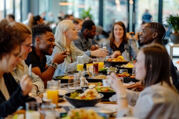 A diverse group of coworkers sitting at a table, enjoying food and conversation during lunch, A diverse group of coworkers enjoying a lively lunch together at a corporate cafeteria