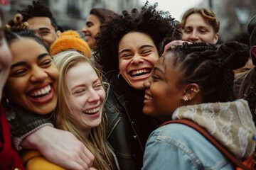Fototapeta premium A group of friends from different backgrounds standing close, laughing together joyfully, A diverse group of friends laughing and hugging in a bustling city square