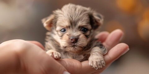 Tiny brown and black puppy in human hand. Close-up animal portrait photography. Pet care and love concept for poster, greeting card
