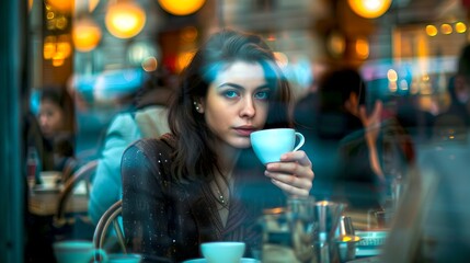 Young woman enjoying a coffee in a bustling café. Thoughtful gaze through a window. Casual urban lifestyle captured. Perfect for modern lifestyle themes. AI