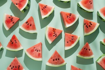Pattern of fresh watermelon slices on green background