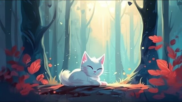 Cute cartoon kitten sleeping in the woods. A cat in the forest.
