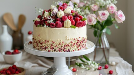   A table displays a white-frosted cake topped with red raspberries Flowers adorn both the cake and the background, including a vase holding more blooms