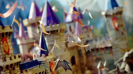 Frontal View of Paper Crafted Medieval Castle Scene with Moats and Banners
