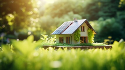 Eco-Friendly House with Solar Panels Nestled in a Lush Green Environment. Generative AI