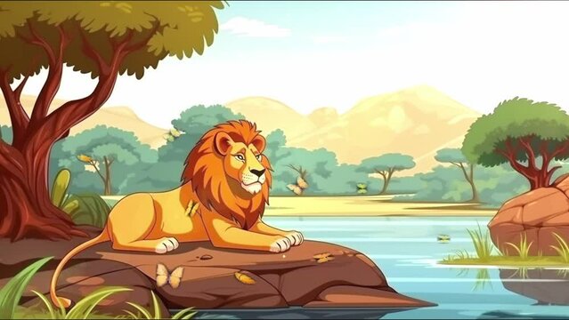 Portrait of a lion lying on a rock and roaring. India. A lion near a body of water