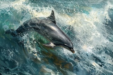 A painting of a dolphin gracefully leaping out of the water, showcasing its agility and strength, A dolphin elegantly twisting and turning as it navigates the ocean currents