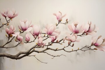 Soft Pink Magnolia Flowers Blooming On Branches In A Graceful Canvas Artwork. Generative AI