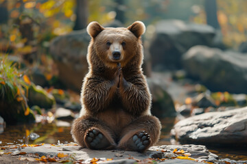 A meditating brown bear with a black nose and brown ears is sitting on a rock in a forest. The bear...