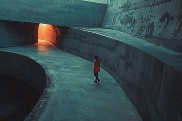 A person is walking through a tunnel towards a light at the end, A dramatic monologue captured in a minimalist, abstract style - Powered by Adobe