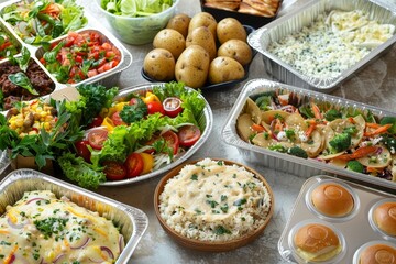 A table full of food with a variety of dishes including salads, potatoes