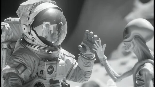 Meeting of an astronaut and an alien on the surface of a planet in space, concept of space exploration and first contact