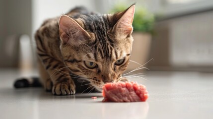 A Bengal cat pawing at a chunk of raw beef on a clean, light-colored surface, showcasing its...