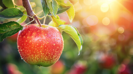 Obraz premium Fresh apple on branch..Vivid apple covered with dew drops, attached to a branch, with blurred orchard background. AI generative..