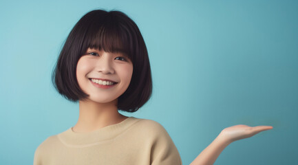 Young woman with a friendly gesture. A cheerful young Asian woman with a bob haircut, presenting with her hand against a blue background. AI generative.. - Powered by Adobe