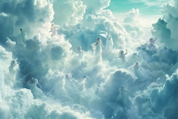A painting depicting a group of people joyfully interacting in a dreamy cloud-filled sky, A dreamlike vision of a floating party in the clouds, with guests dancing among fluffy white shapes
