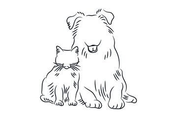 Cat and dog pose sitting together, line art hand drawn vector illustration
