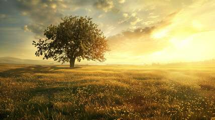 Fototapeta premium Majestic oak tree in meadow..Golden sunset illuminates a solitary oak tree and surrounding wildflower meadow. AI generative..