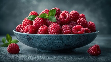   A blue bowl brimming with juicy raspberries and a vibrant green leaf perched atop one berry