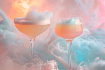 Two glasses placed closely together, creating a simple and elegant composition with soft pastel colors, A dreamy cocktail with soft pastel colors and ethereal textures