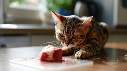 A Bengal cat pawing at a chunk of raw beef on a clean, light-colored surface, showcasing its natural predatory instincts