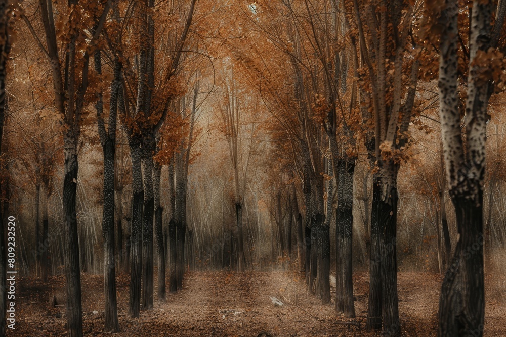 Wall mural A forest filled with numerous walnut trees covered in vibrant green leaves creating a dense canopy, A dreamy interpretation of a walnut forest