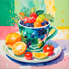 A cartoon of a fantastic pastel-colored cup full of fresh fruit and vegetable