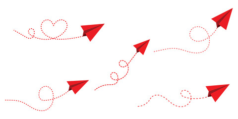 Realistic paper planes collection. Paper plane icon. Heart shaped Flying paper airplane with dotted air route and envelope. Paper planes, red planes with dotted route line.
