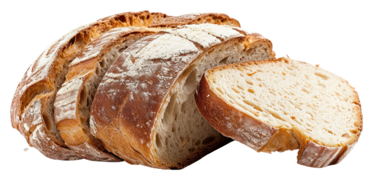 PNG Slices of freshly baked homemade sour dough bread food white background viennoiserie.