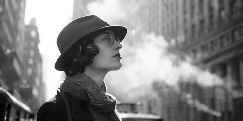 Flapper in New York concept. Old movie style profile portrait of young girl at street of Big Apple city. Moody retro atmosphere of the beginning of XX century. Outdoor monochrome shot