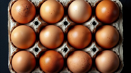   A carton of twelve brown eggs sits on a dark surface, with dirt covering the tops of the eggshells