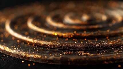   A close-up photo of a gold-flecked circular metal object on a black surface with gold flecks