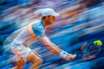 A man playing tennis captured in a blurry motion shot, A dynamic composition capturing the energy of a tennis rally